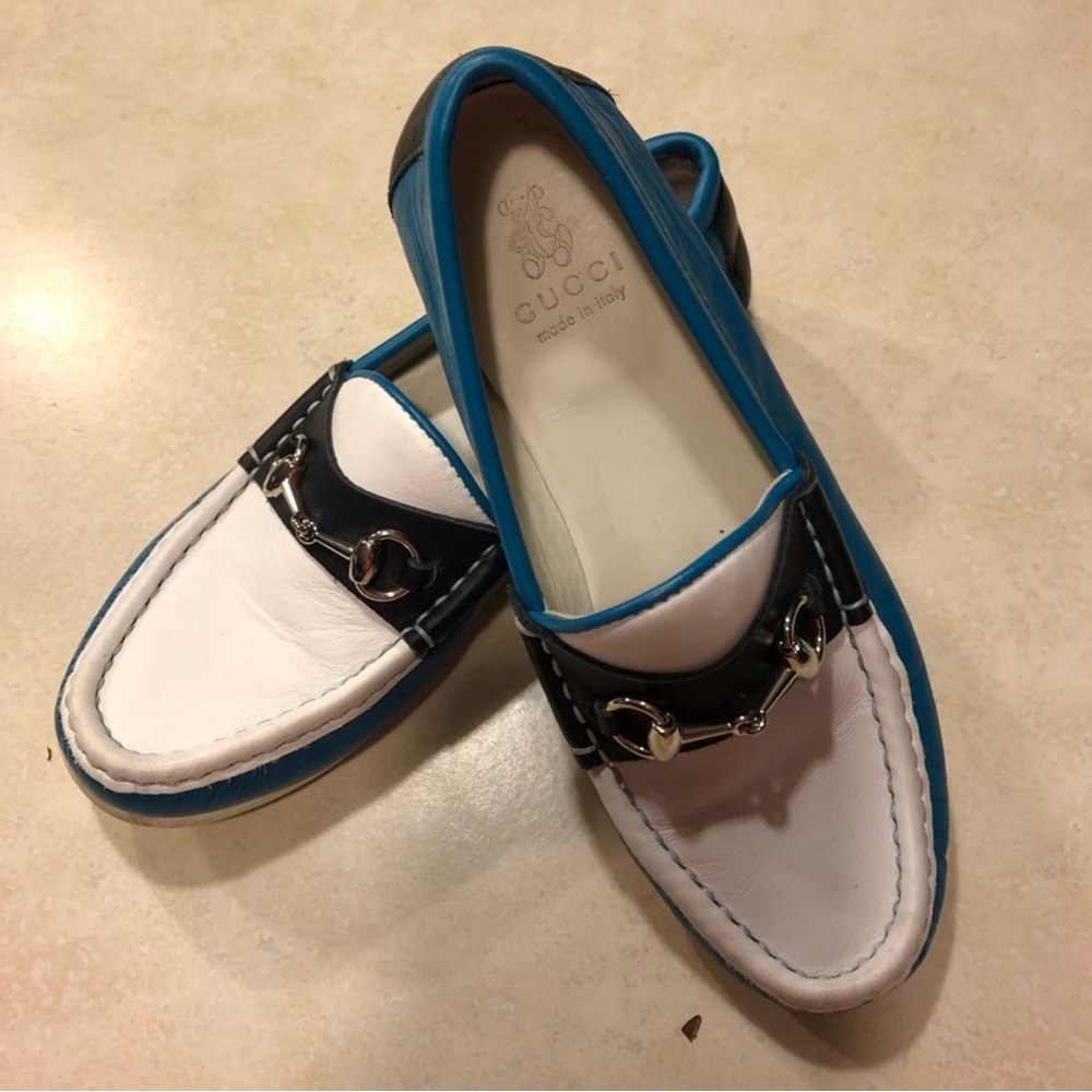 Authentic Gucci Loafers, Size 33, White/Blue Leather, Silver Horse-bit Hardware